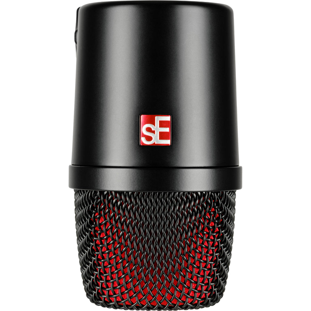 sE Electronics V KICK dynamic microphone shown on a stand, designed for kick drum and percussion recording.