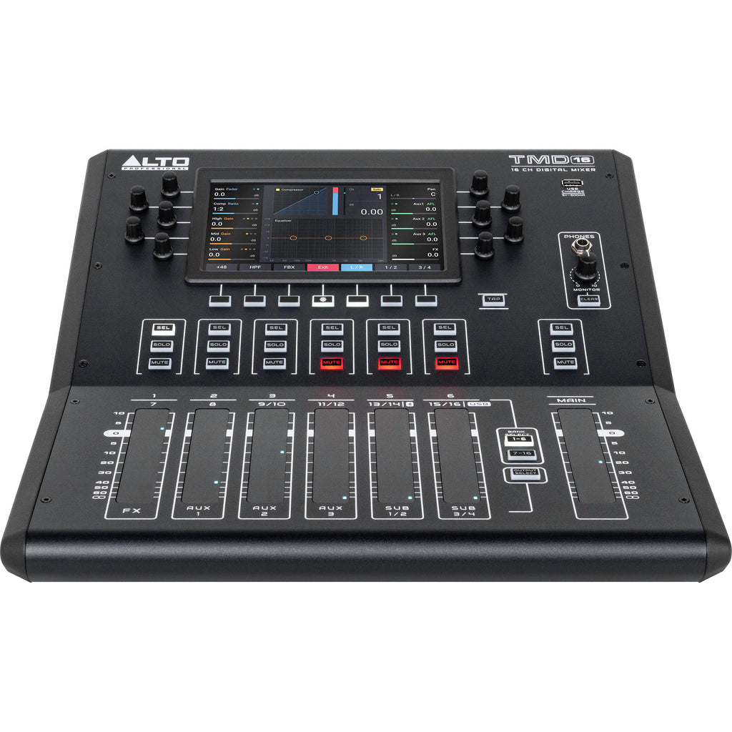 Alto Professional TMD16 digital mixer with multiple control knobs and input channels for live sound and audio mixing.