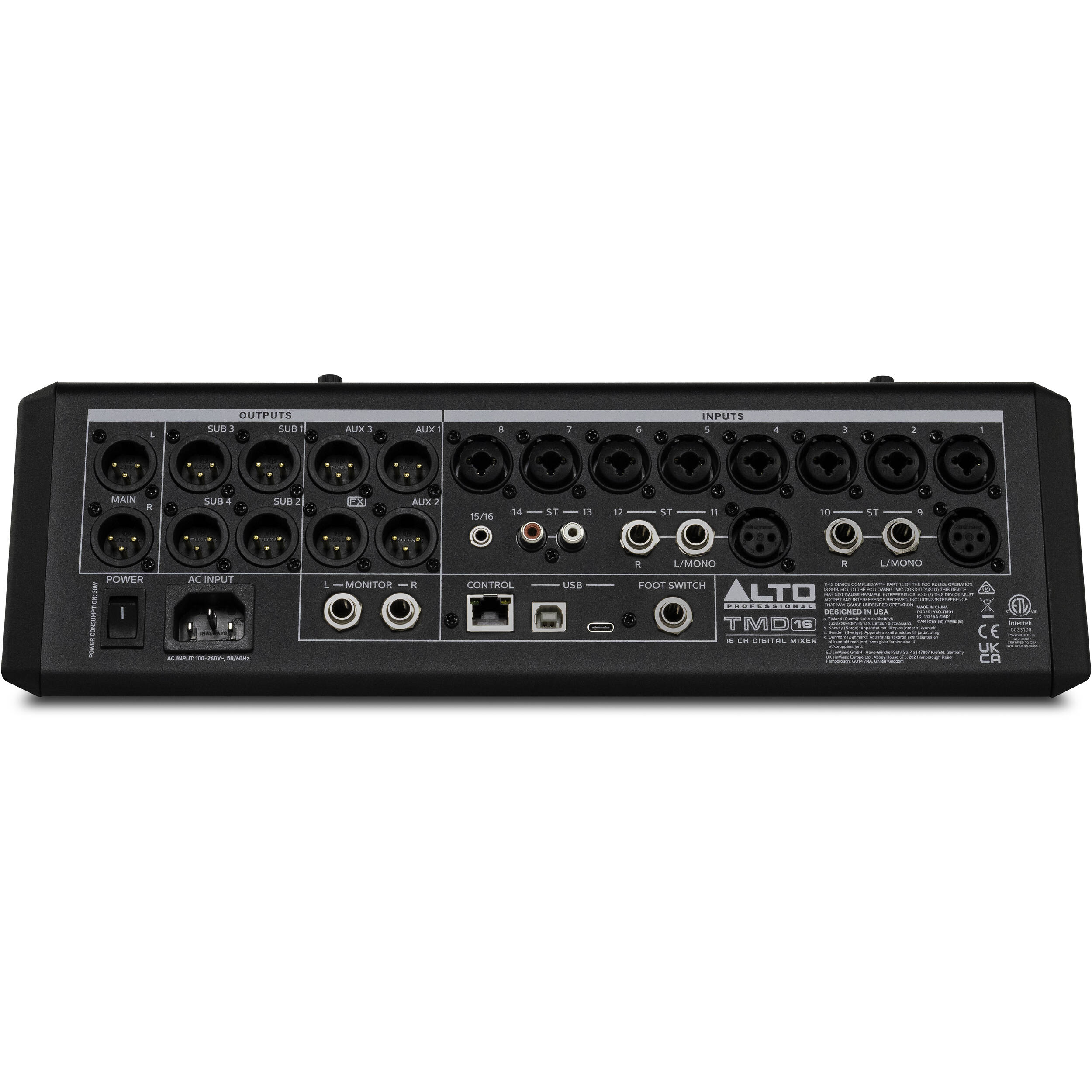 Alto Professional TMD16 digital mixer with multiple control knobs and input channels, professional audio equipment for live sound.