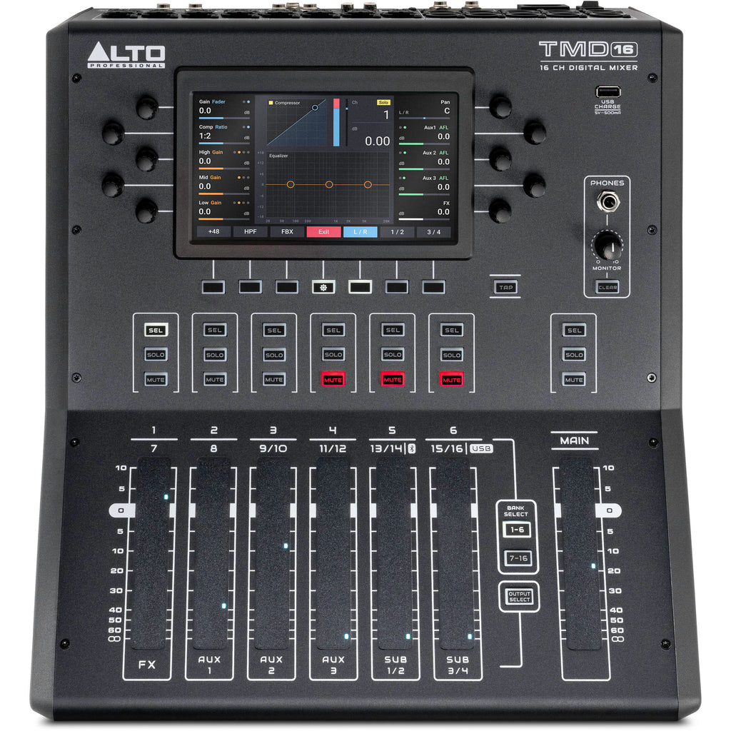 Alto Professional TMD16 digital mixer with multiple input channels and control knobs, compact audio mixing device.