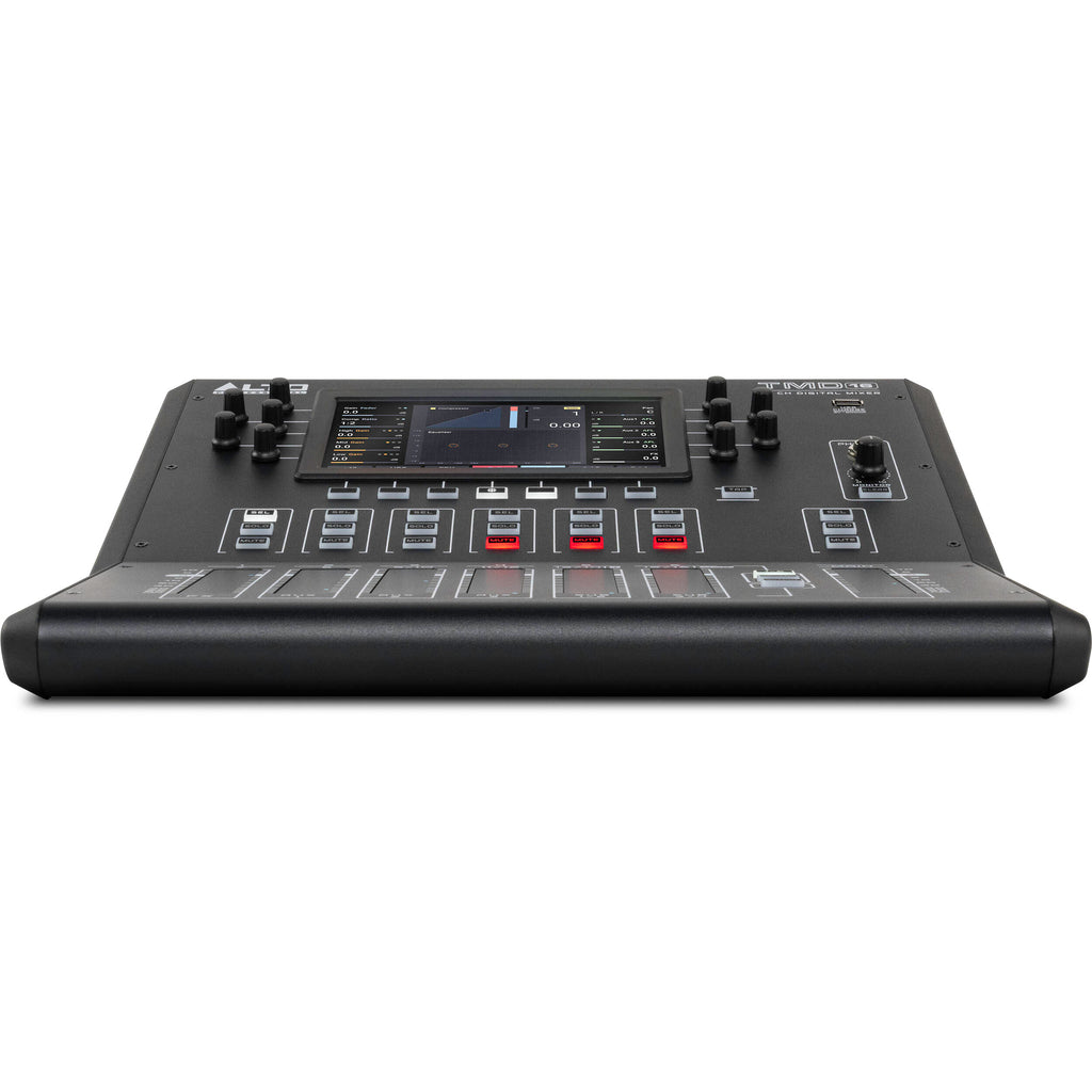 Alto Professional TMD16 digital mixer with multiple input channels and control knobs, set on a studio table.