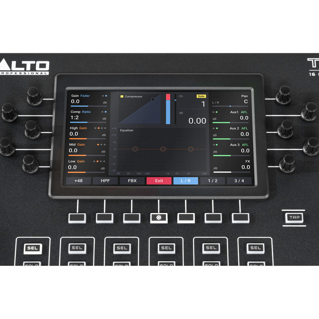 Alto Professional TMD16 digital mixer with multiple input channels, knobs, and control faders for audio mixing.