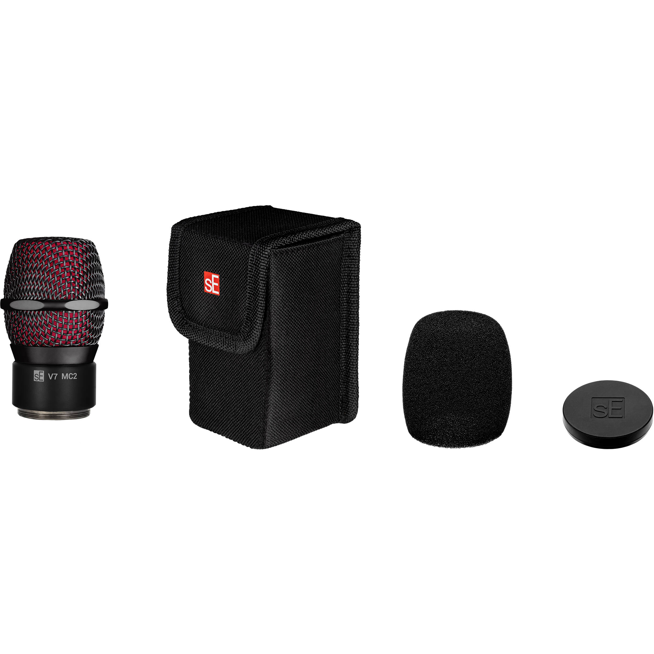 sE Electronics V7 MC2 dynamic microphone with black finish, shown from a side angle, designed for professional audio recording.