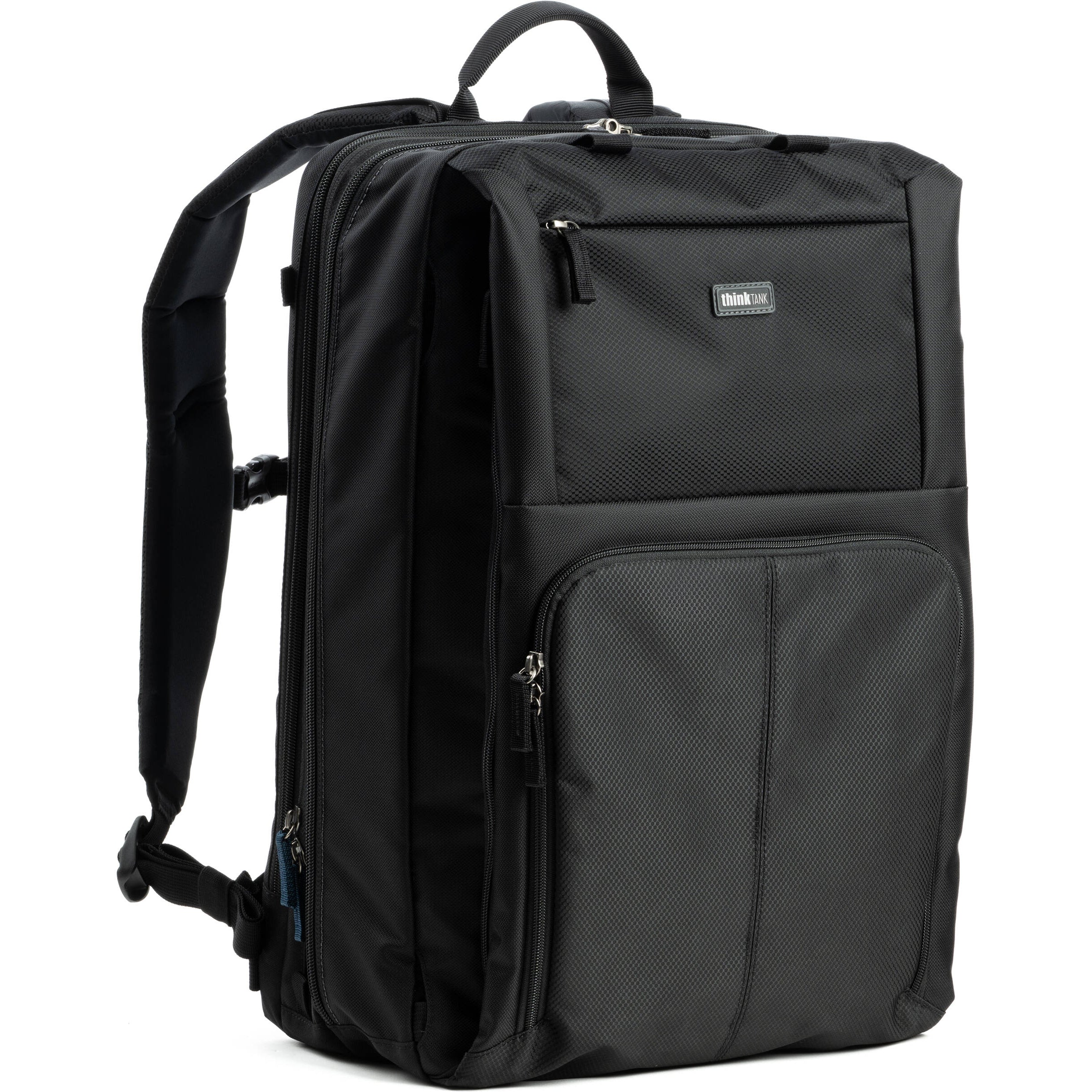 Think Tank Shape Shifter video equipment bag with adjustable compartments and padded interior for camera gear storage.