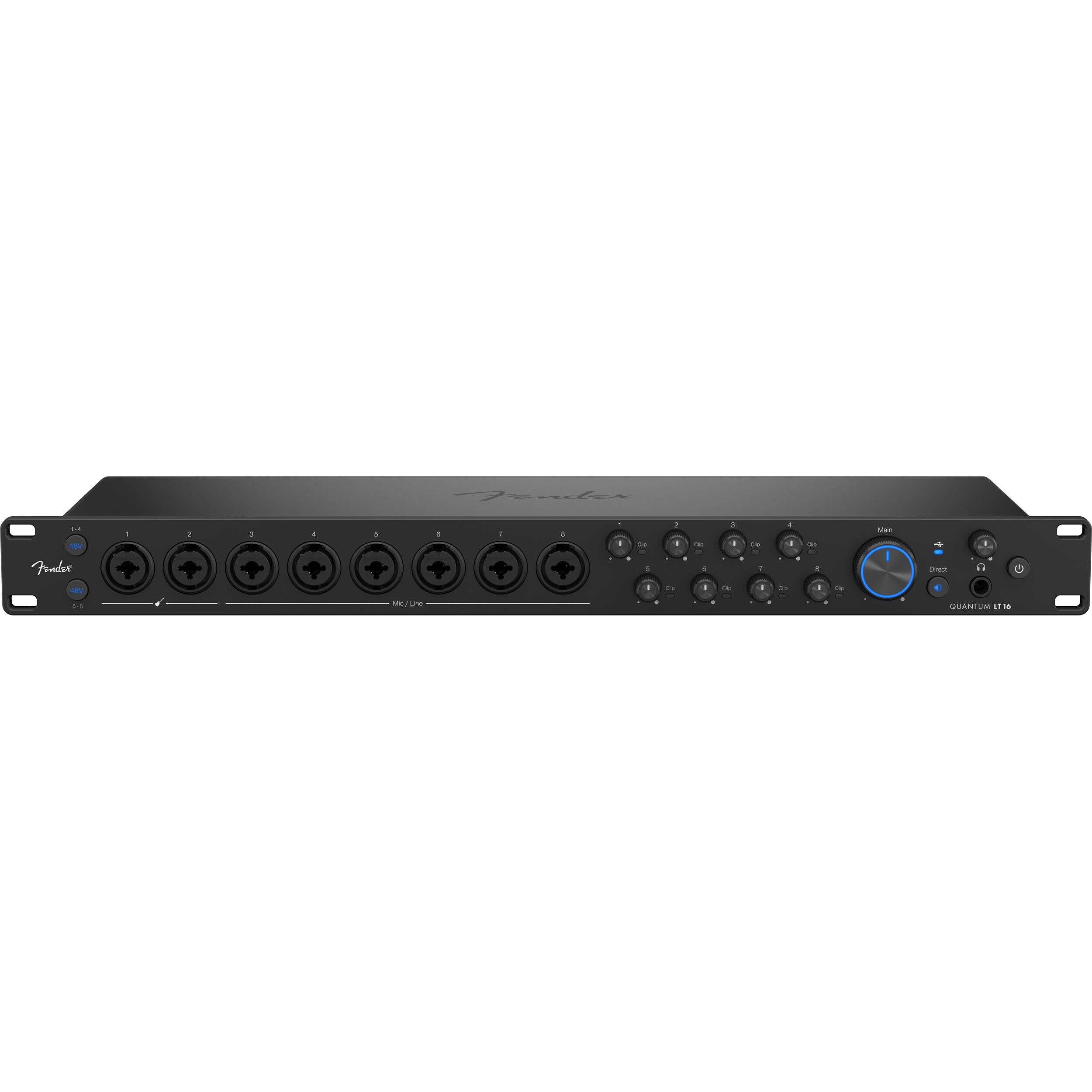 Fender Quantum LT 16 USB audio interface with multiple input/output ports and sleek black design for professional recording.
