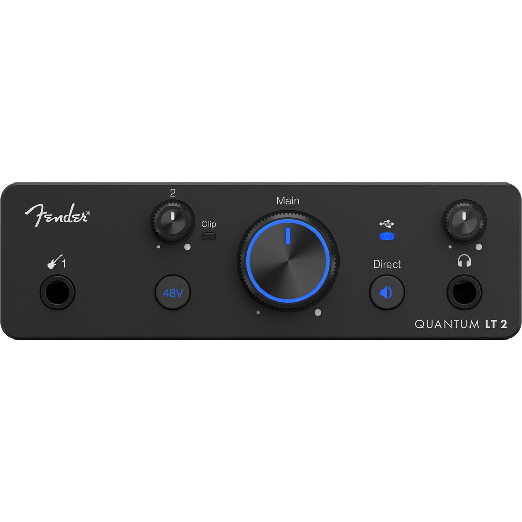 Fender Quantum LT 2 USB audio interface with multiple input and output ports, compact design, and control knobs for music recording.