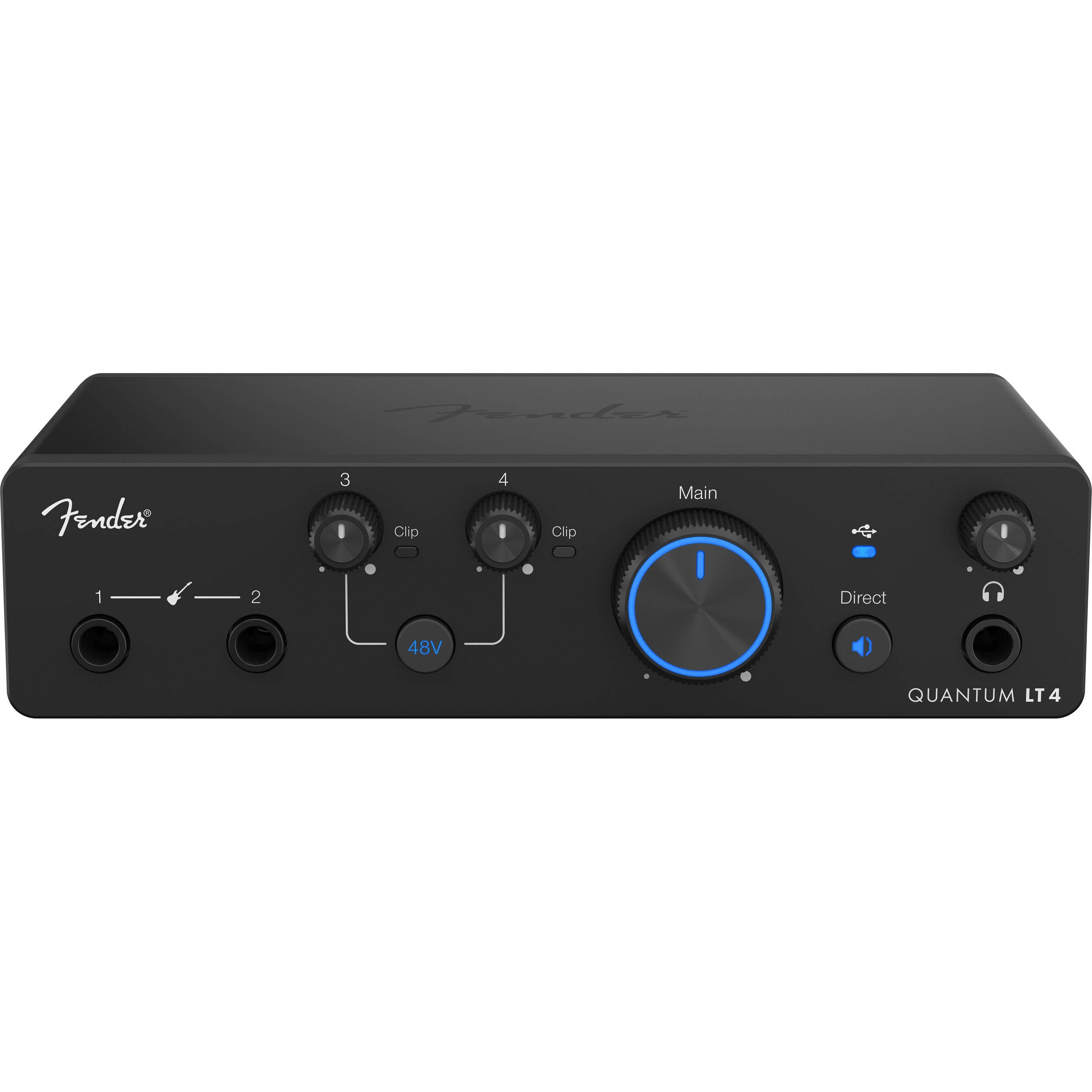 Fender Quantum LT 4 USB audio interface with multiple input/output ports and sleek black design for music recording.