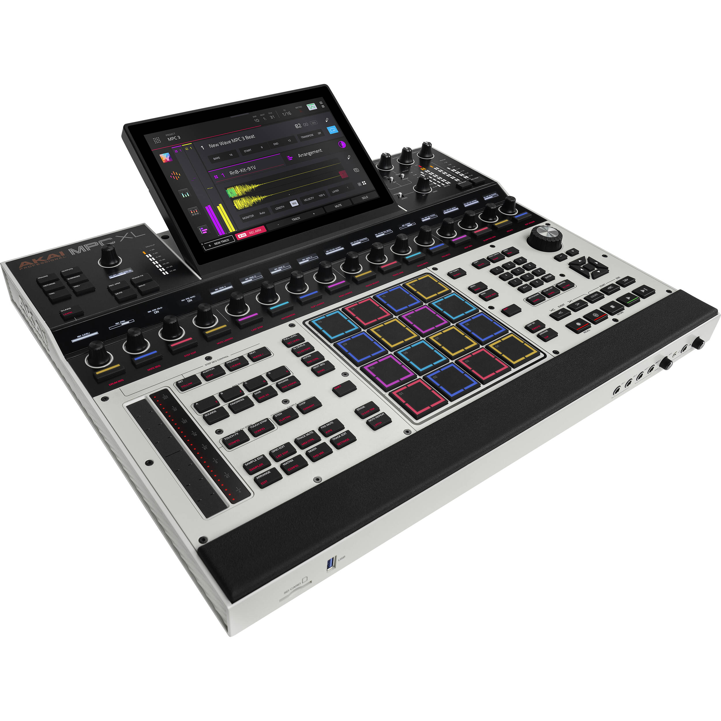 Akai Professional MPC XL drum machine and sampler with large pads, control knobs, and a display screen for music production.
