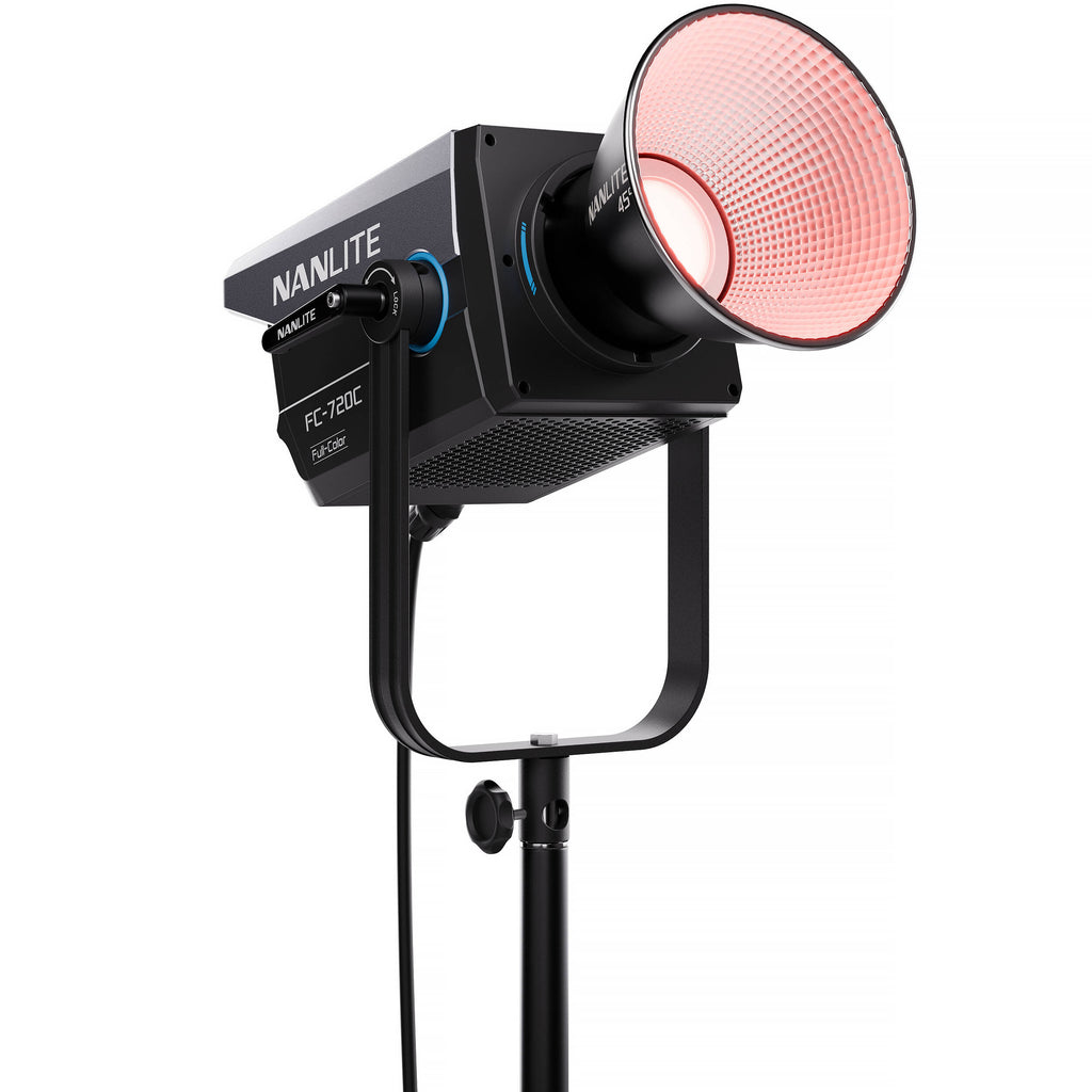 Nanlite FC-720C RGBW LED spotlight showing adjustable color settings and sleek design for professional lighting applications.