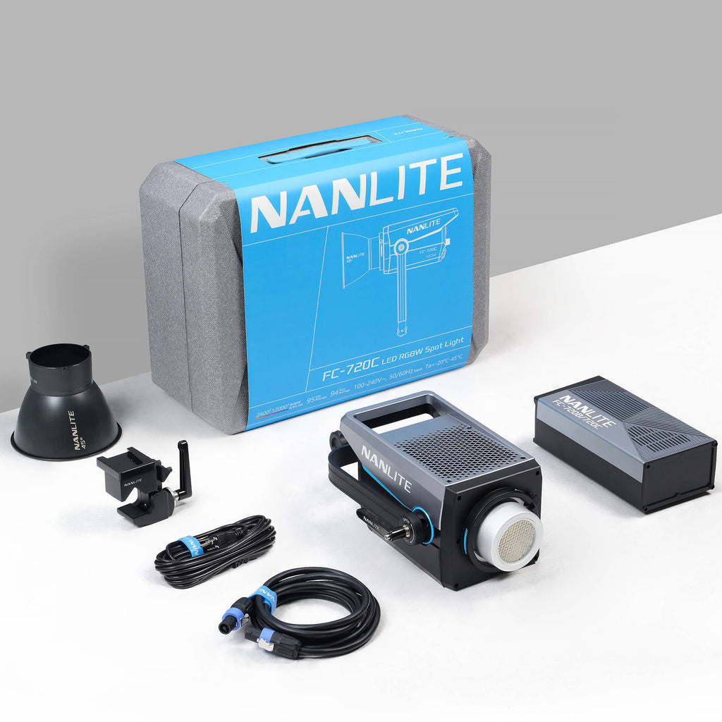 Nanlite FC-720C RGBW color LED spotlight showing adjustable RGB color modes and bright LED panel for professional lighting.