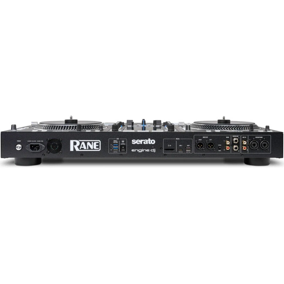 Rane System One DJ controller with multiple knobs, sliders, and buttons for professional audio mixing and performance.