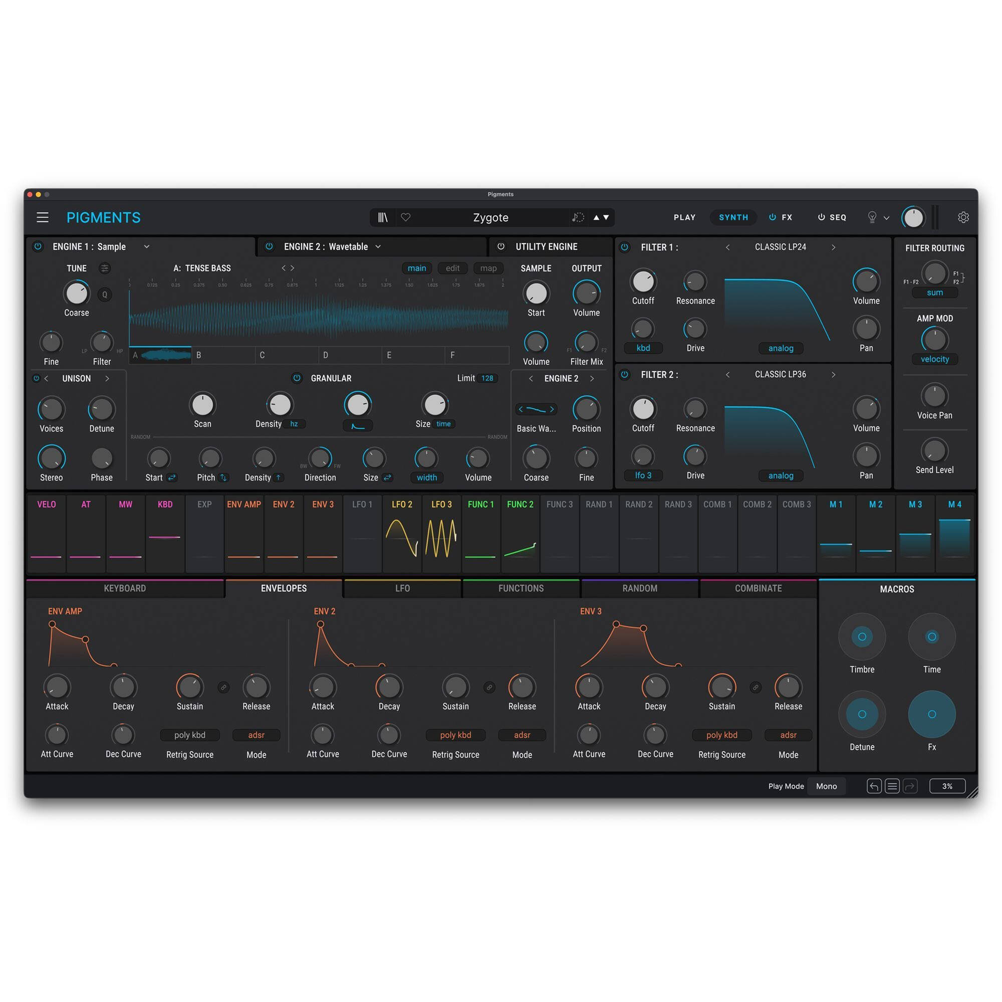 Arturia Pigments 7 virtual instrument plugin interface with colorful waveform displays and modulation controls.