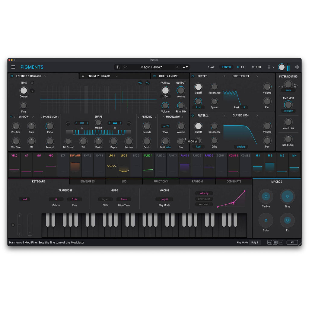 Arturia Pigments 7 virtual instrument plugin interface with colorful controls and waveforms on a digital screen.