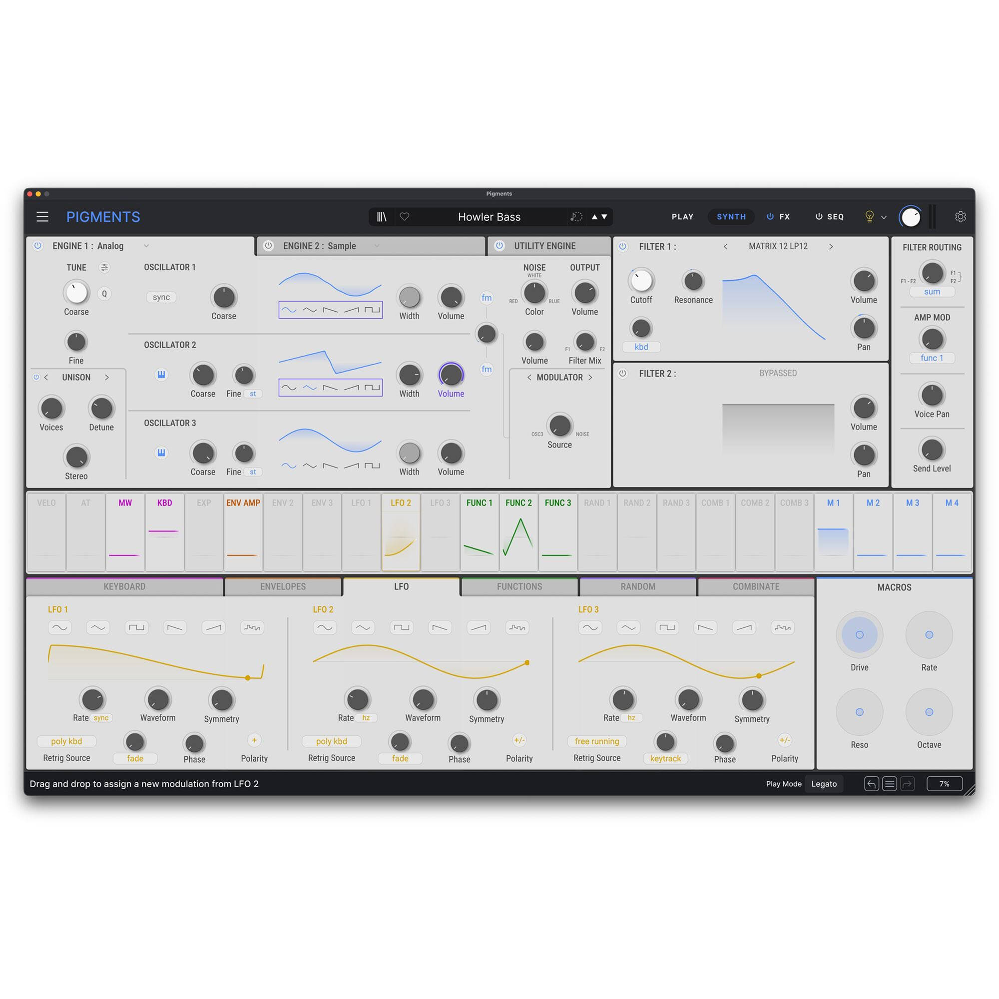Arturia Pigments 7 virtual instrument plugin interface with colorful waveform displays and control knobs.