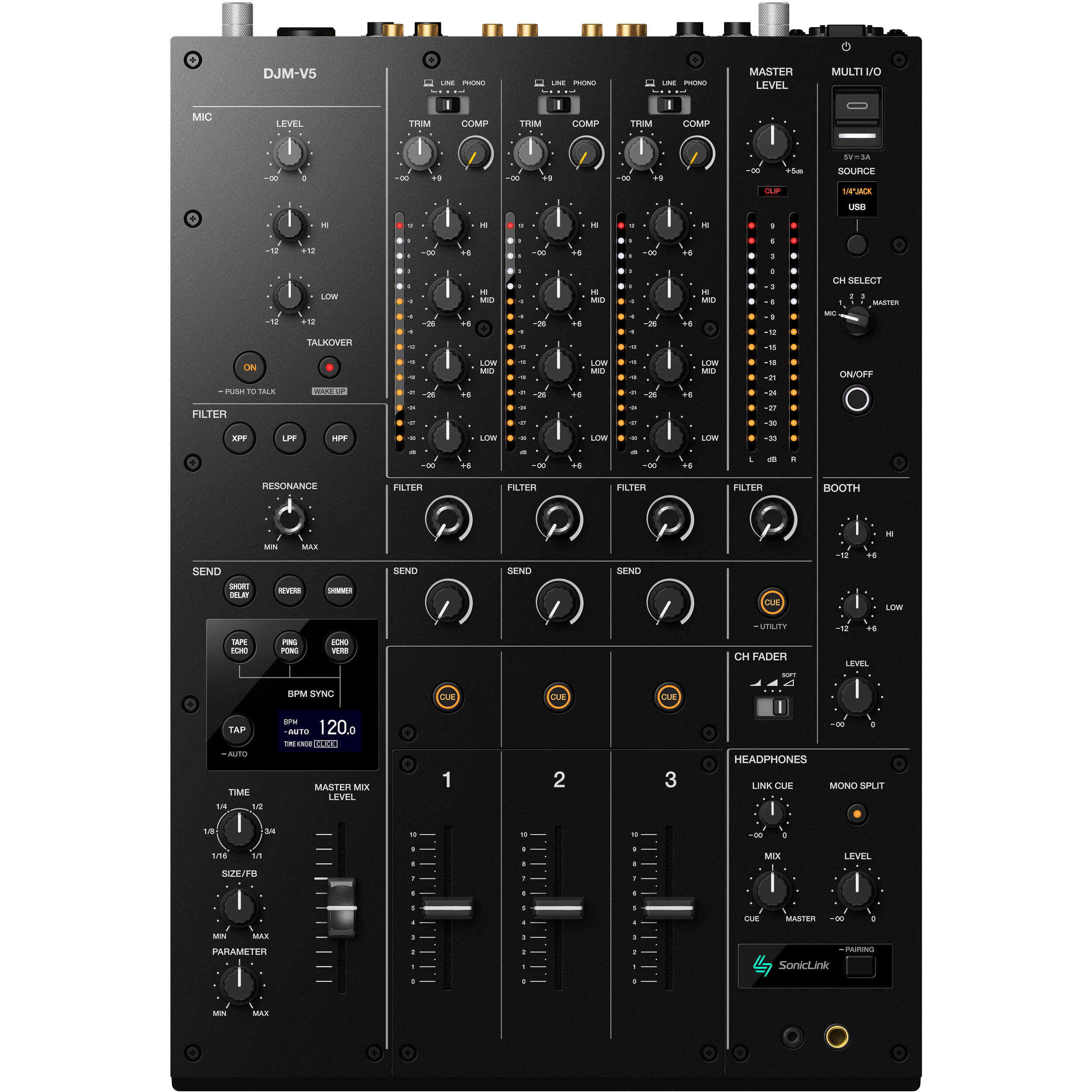 AlphaTheta DJM-V5 DJ mixer with multiple controls, knobs, and input ports, designed for professional DJ performances and mixing.