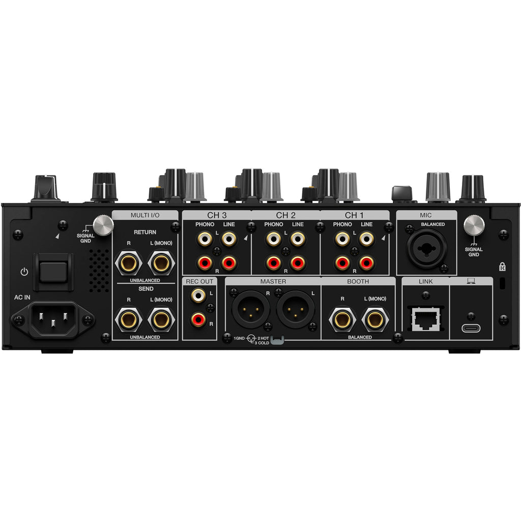 AlphaTheta DJM-V5 DJ mixer with multiple controls and colorful LED displays, designed for professional DJ setups.