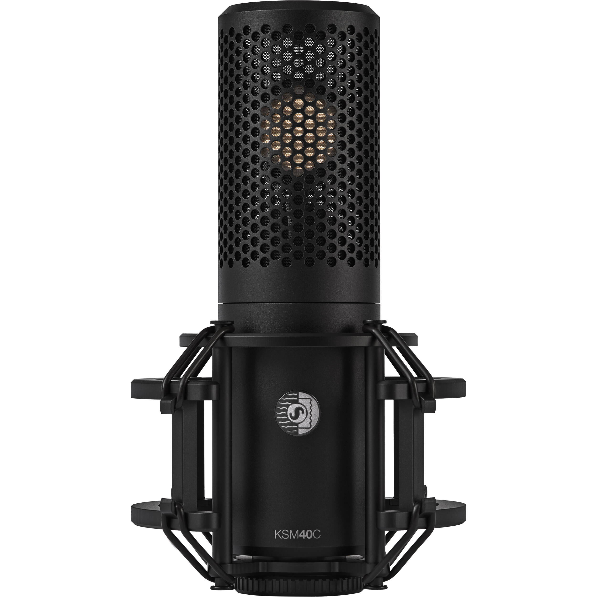 Shure KSM40C condenser microphone with a sturdy metal body and professional microphone capsule for studio recording.
