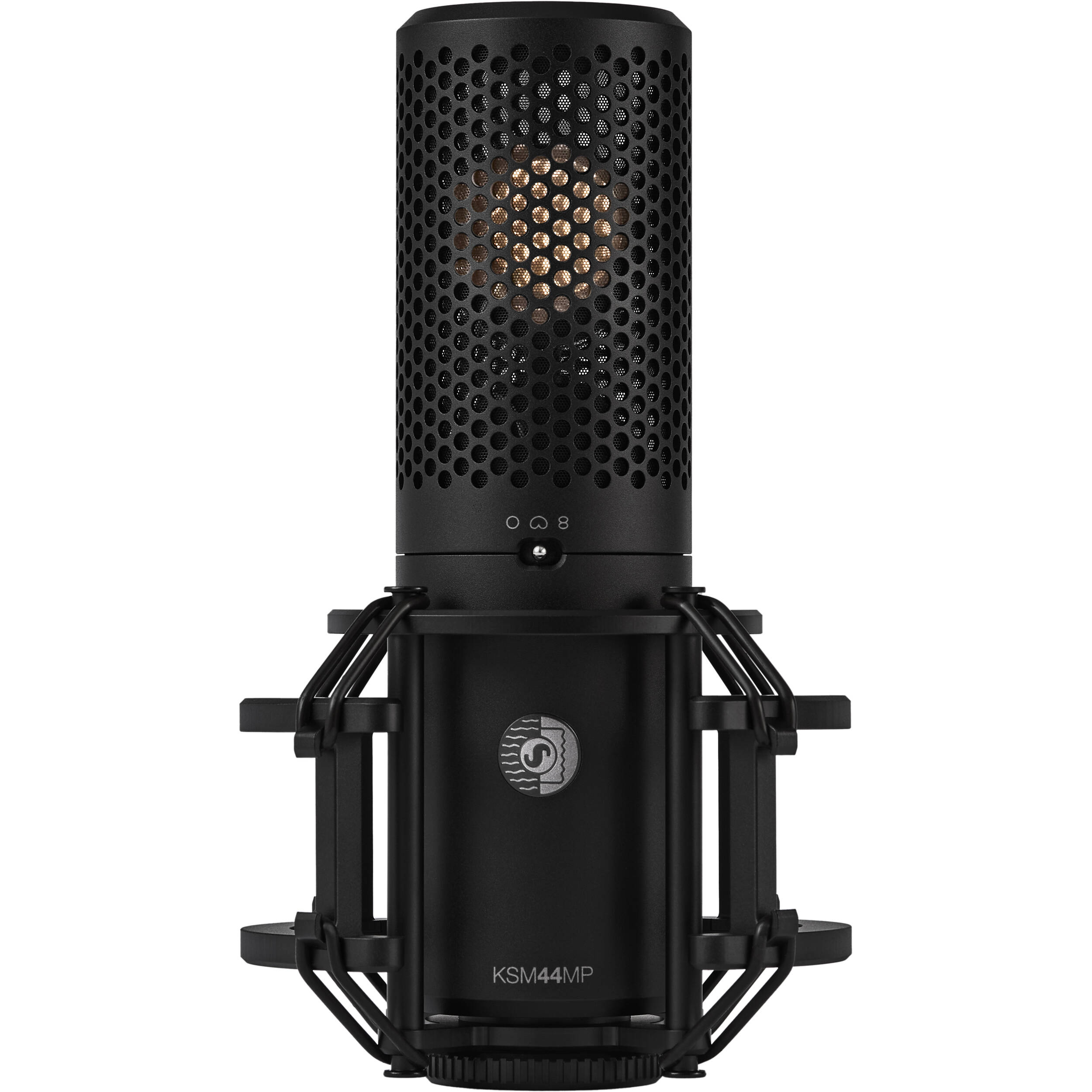 Shure KSM44MP condenser microphone with dual diaphragm and professional studio design, suitable for vocals and instruments.