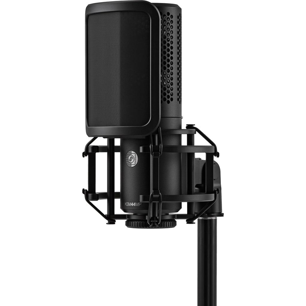 Shure KSM44MP condenser microphone with large diaphragm, black body, and professional audio recording features.