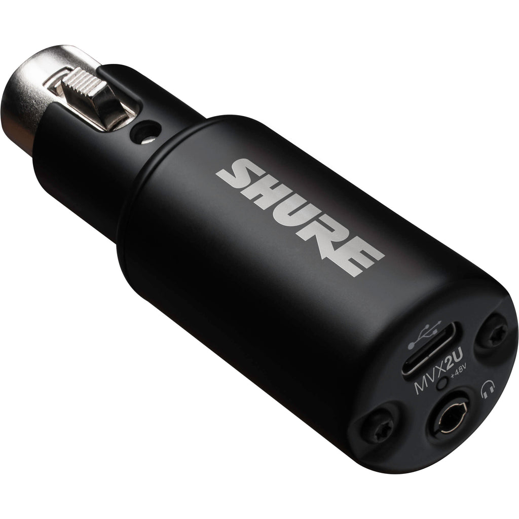 Shure MVX2U Gen 2 USB audio interface with professional input and output ports, compact design, and sleek black finish.