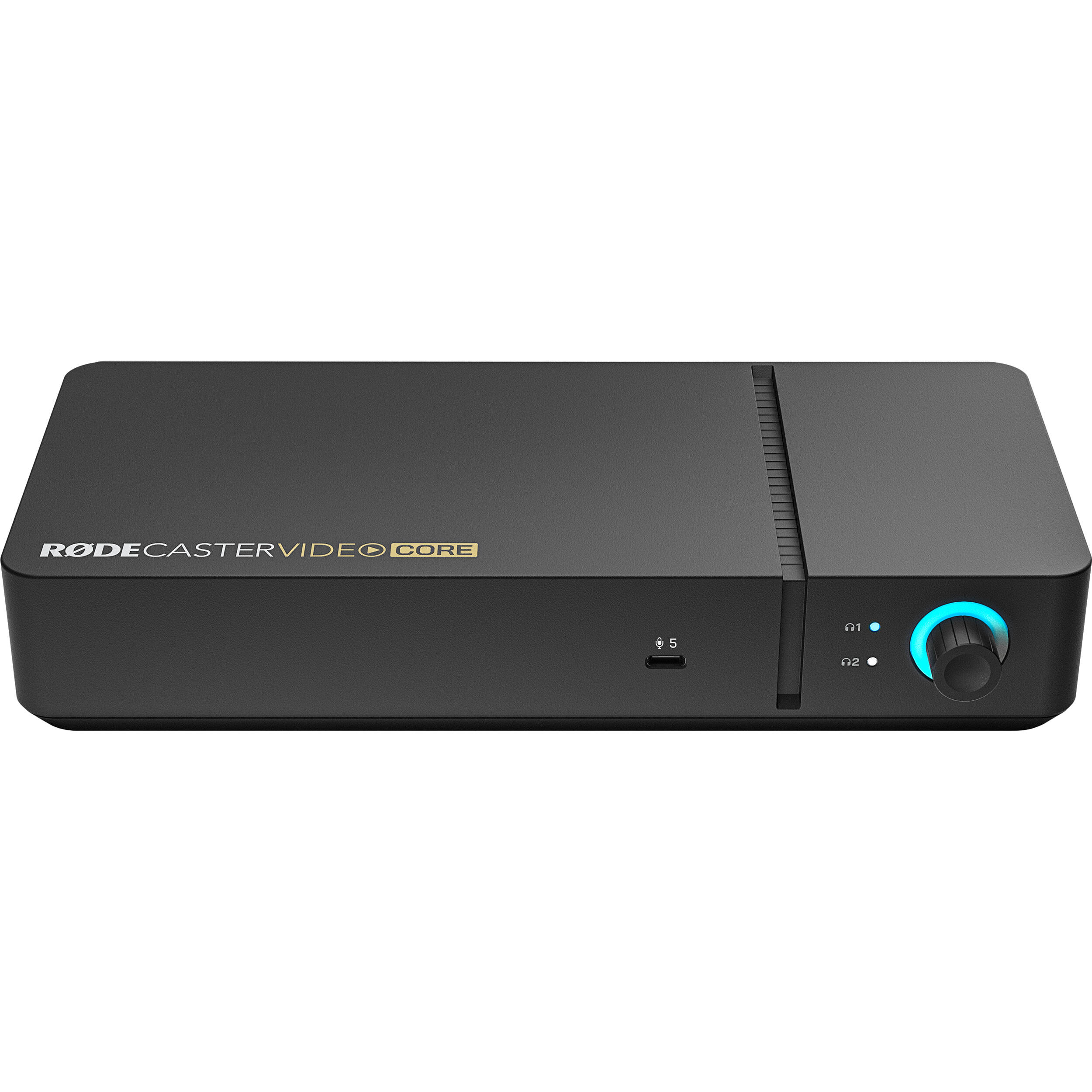 Rode RodeCaster Video Core video editing controller with multiple knobs and buttons for audio and video editing.