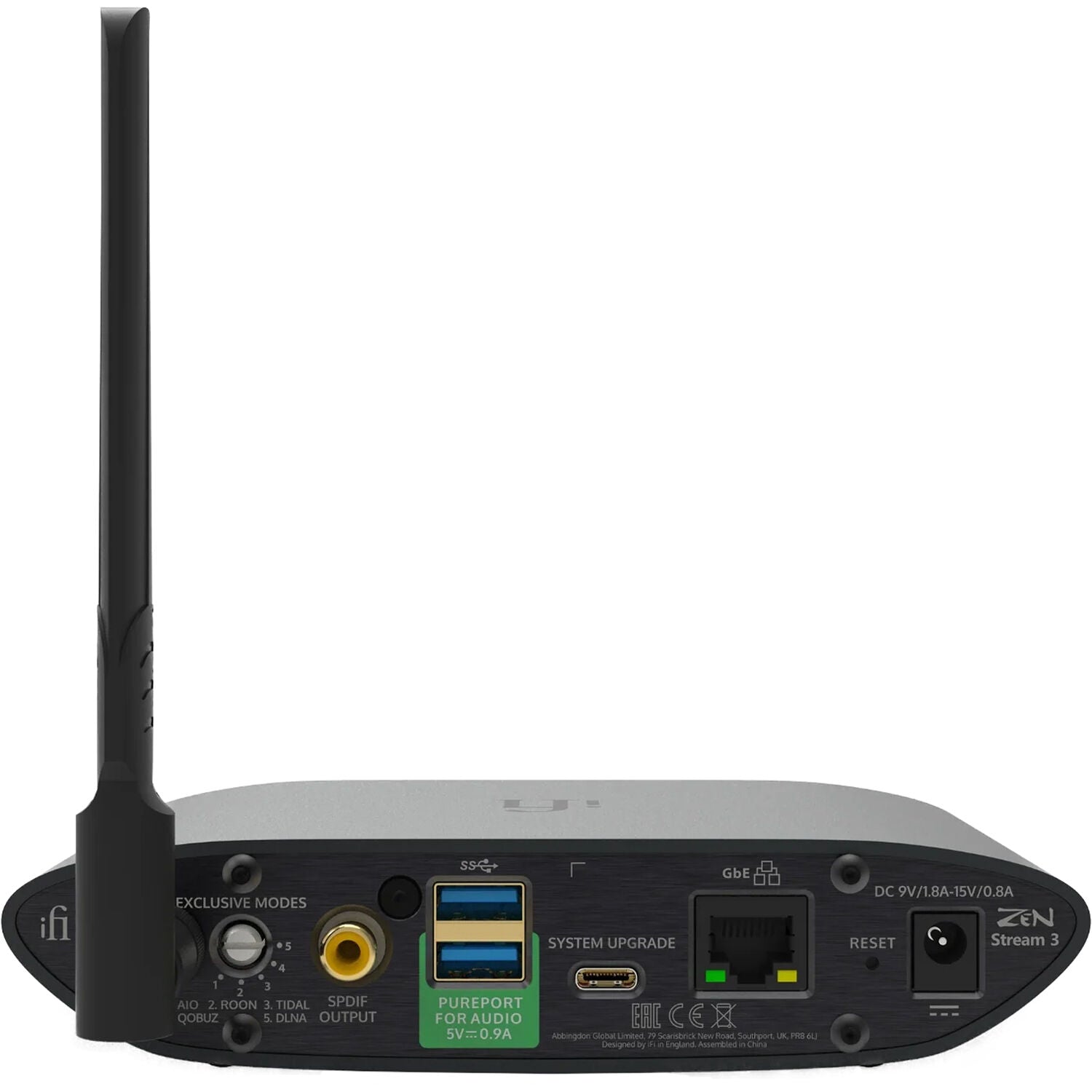 iFi Audio ZEN Stream 3 music streamer with sleek black design, digital display, and control buttons on top.