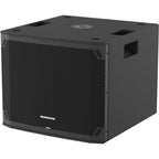 Mackie Thump15Sv4 active subwoofer with black speaker enclosure and control panel, designed for powerful bass sound.