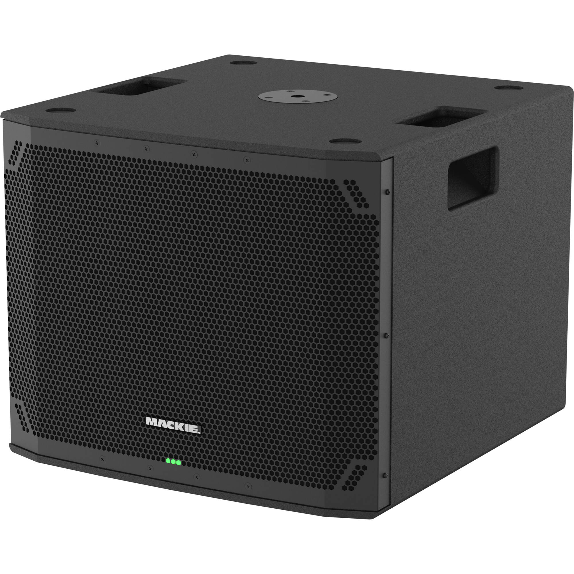 Mackie Thump15Sv4 active subwoofer with black speaker enclosure and control panel, designed for powerful bass sound.