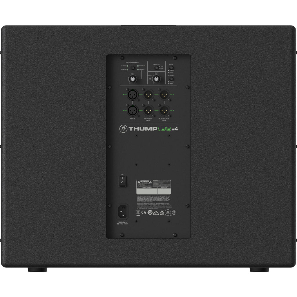 Mackie Thump15Sv4 active subwoofer with large speaker and sturdy enclosure for powerful bass in a professional audio setup