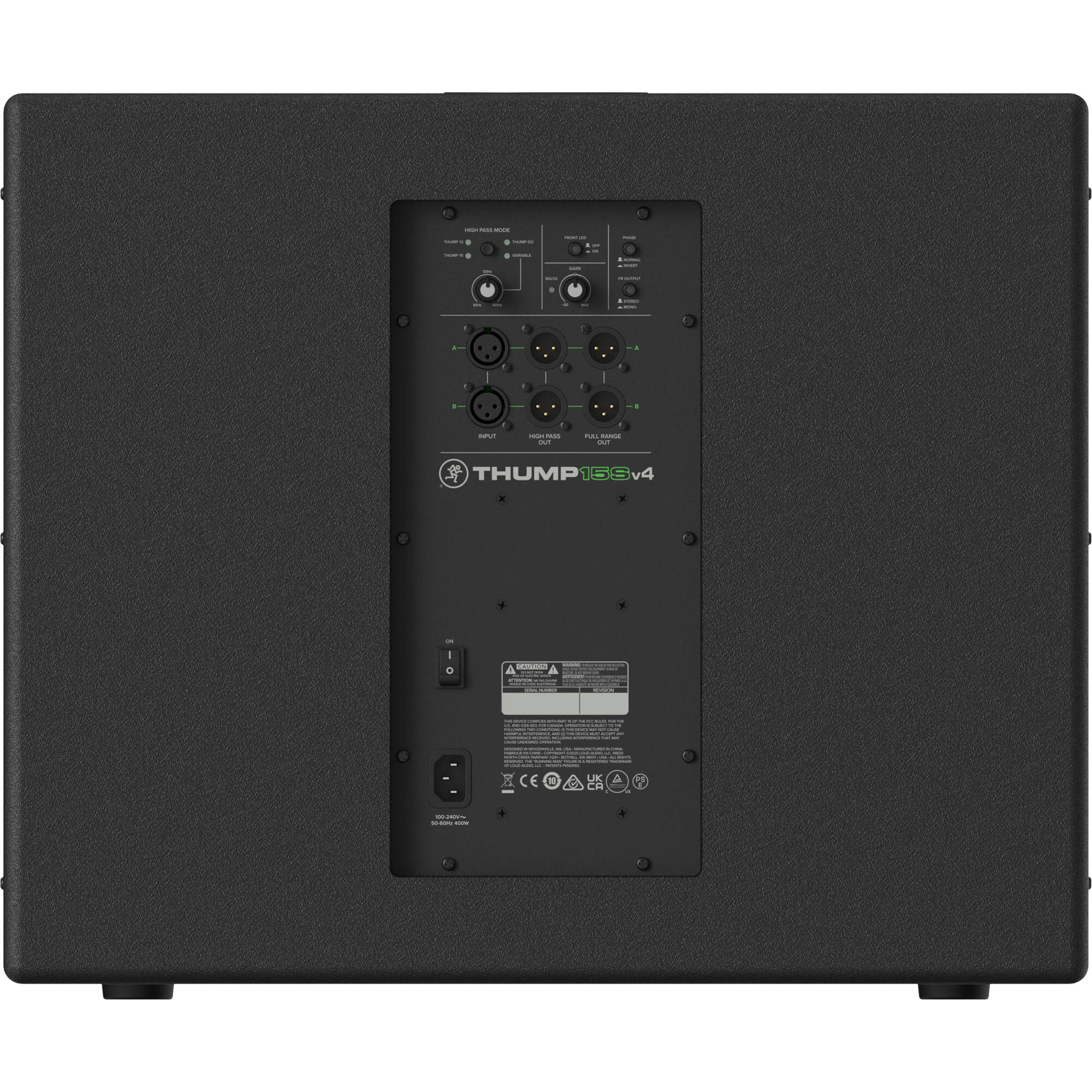 Mackie Thump15Sv4 active subwoofer with large speaker and sturdy enclosure for powerful bass in a professional audio setup