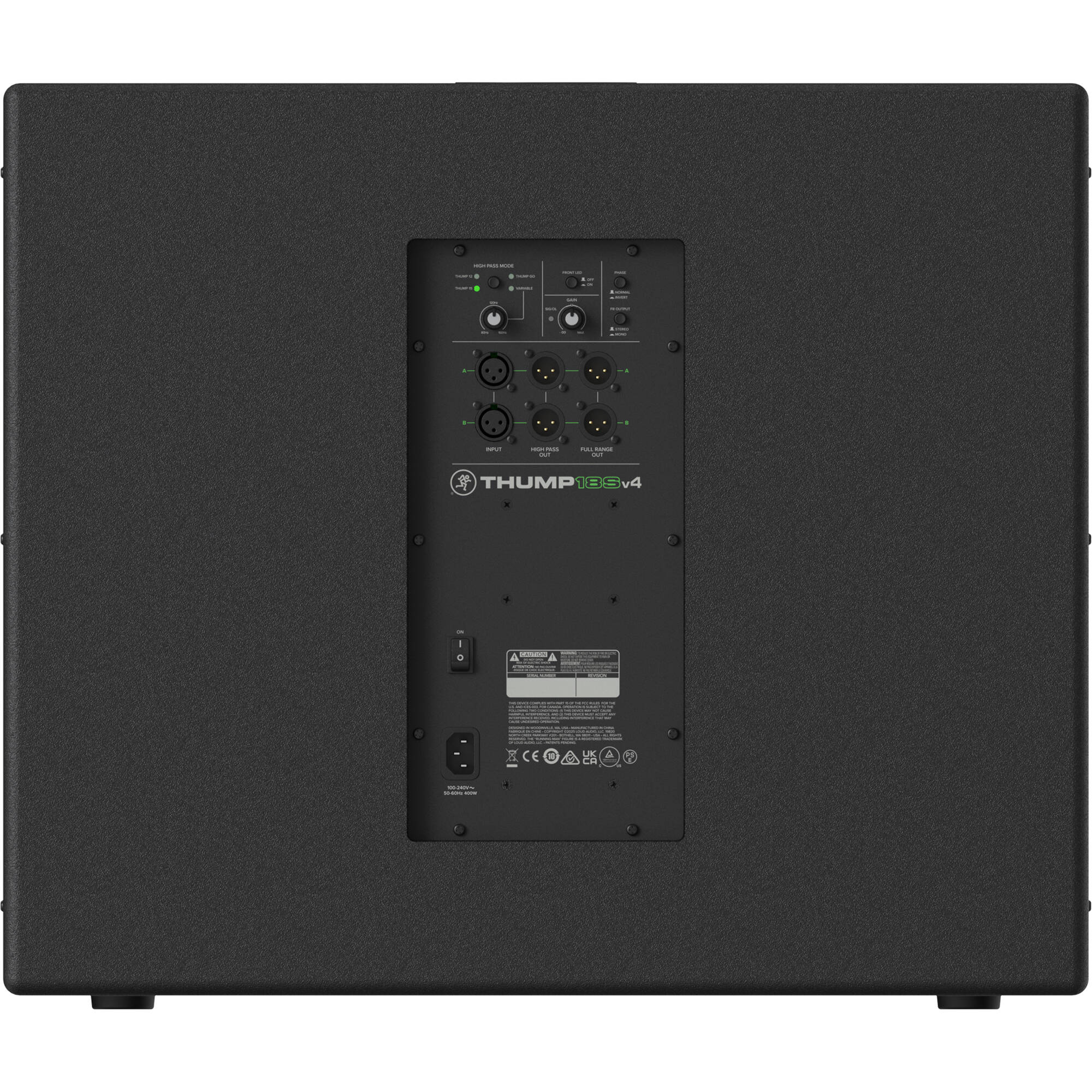 Mackie Thump18Sv4 active subwoofer, large black speaker with control panel and sturdy build, designed for powerful bass.