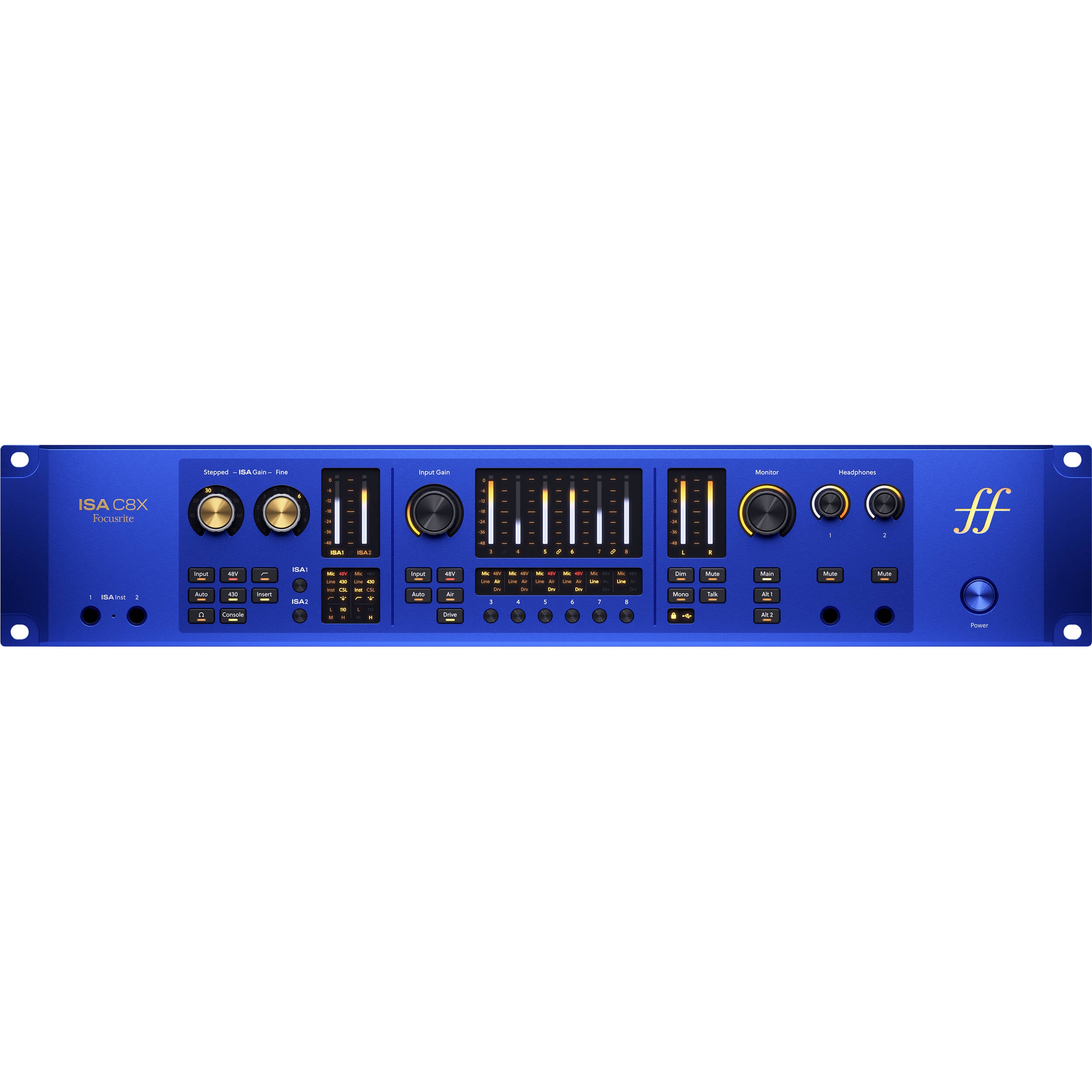 Focusrite ISA C8X USB audio interface with dual microphone and instrument inputs, professional-grade audio equipment for recording.