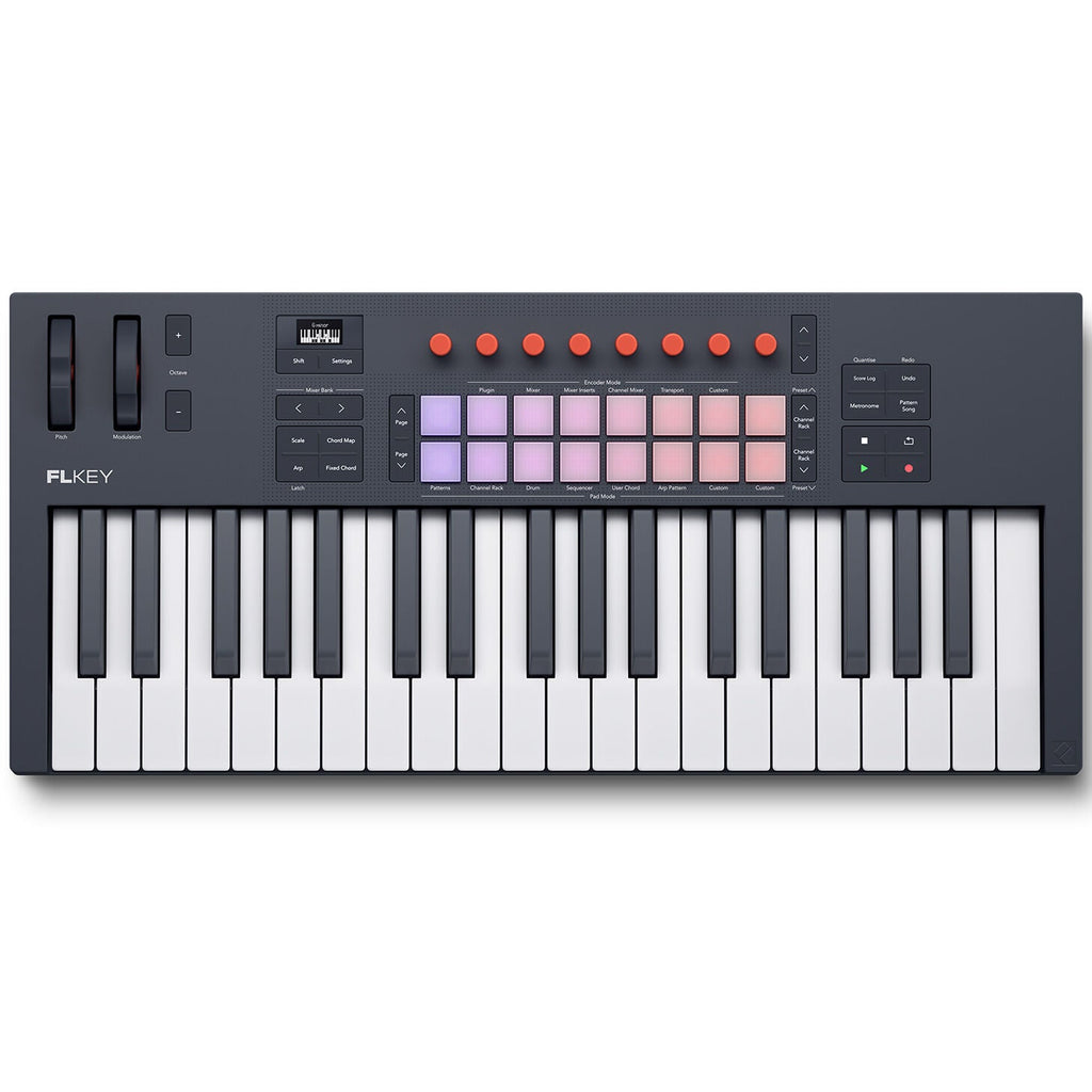 Novation FLkey 2 49 MIDI keyboard with pitch and modulation wheels, touch-sensitive keys, and control knobs for music production.