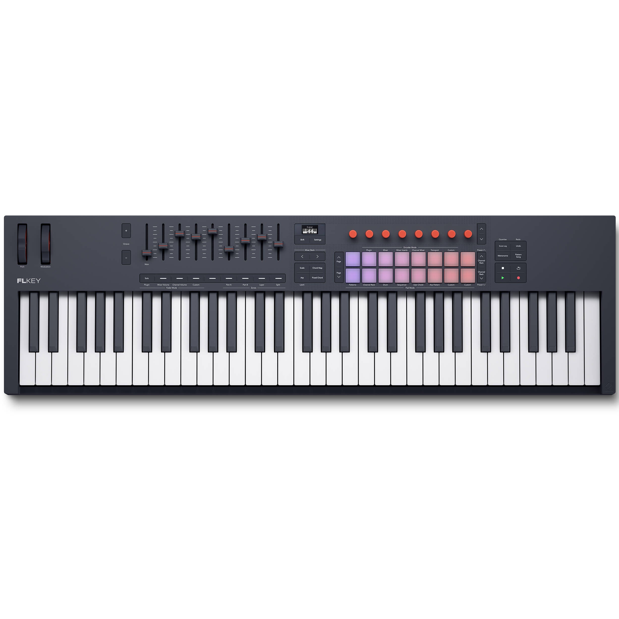 Novation FLkey 2 61 Midi Keyboard featuring 61 keys, control knobs, and a compact design for music production and performance.