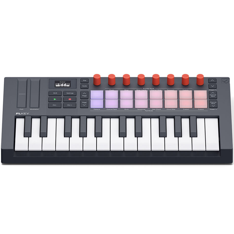 Novation FLkey 2 Mini 25 MIDI keyboard with 25 keys and control knobs, compact music controller for music production.