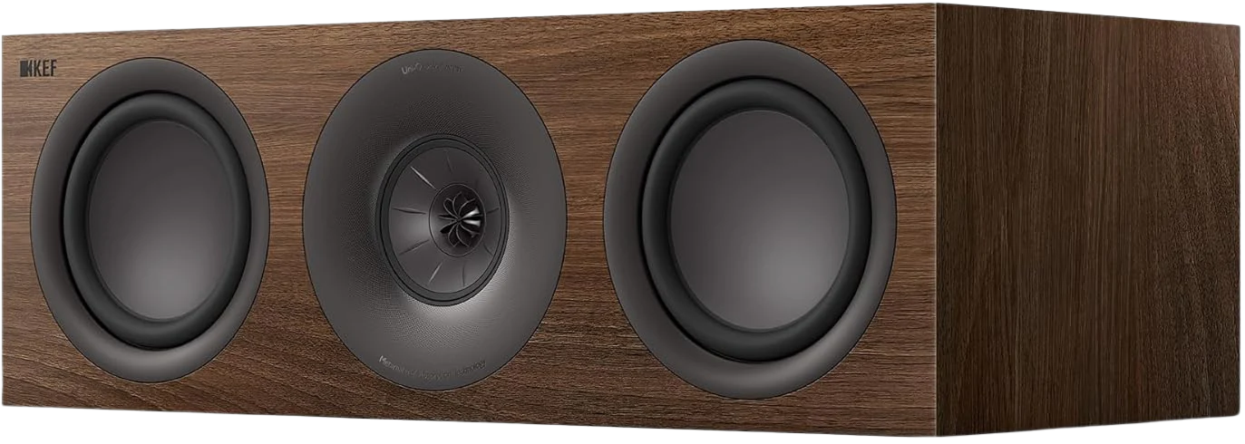 KEF Q6 Meta center speaker showing sleek black design and speaker grille for home theater audio setup.