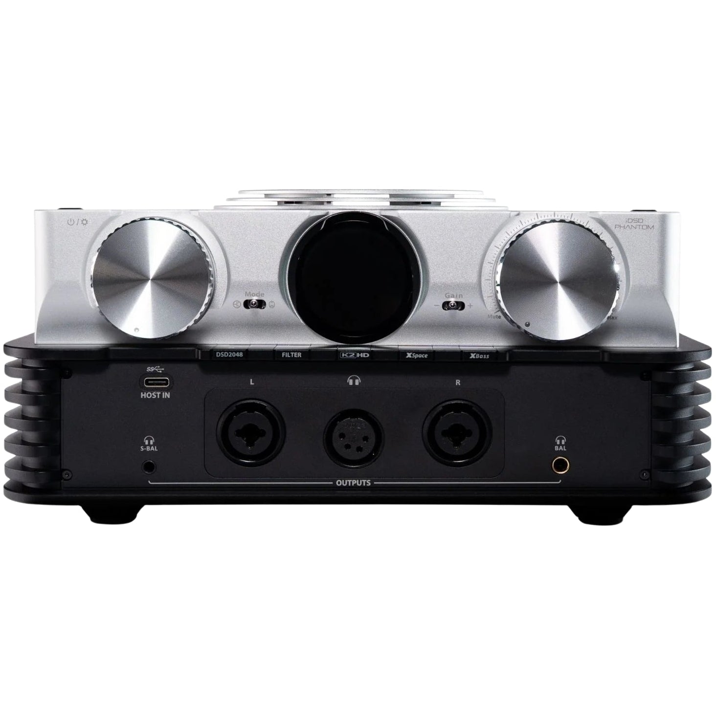 iFi Audio iDSD Phantom headphone amplifier and DAC with digital and analog inputs, compact black audio device on a desk