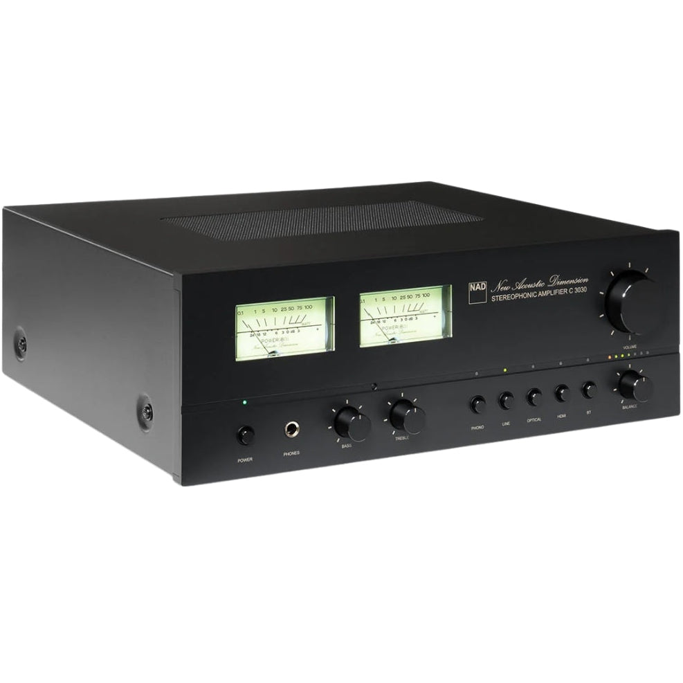 NAD C 3030 stereo amplifier with silver finish, multiple control knobs, and input ports visible on front panel.
