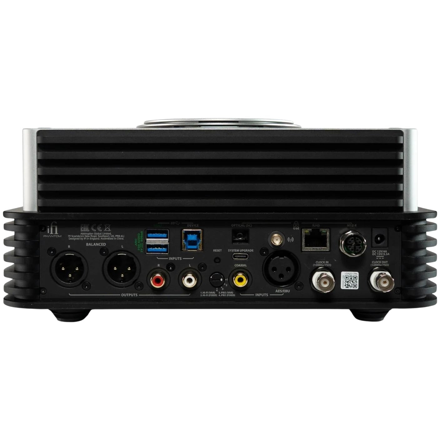 iFi Audio iDSD Phantom headphone amplifier and DAC with sleek black design and multiple input/output ports visible.