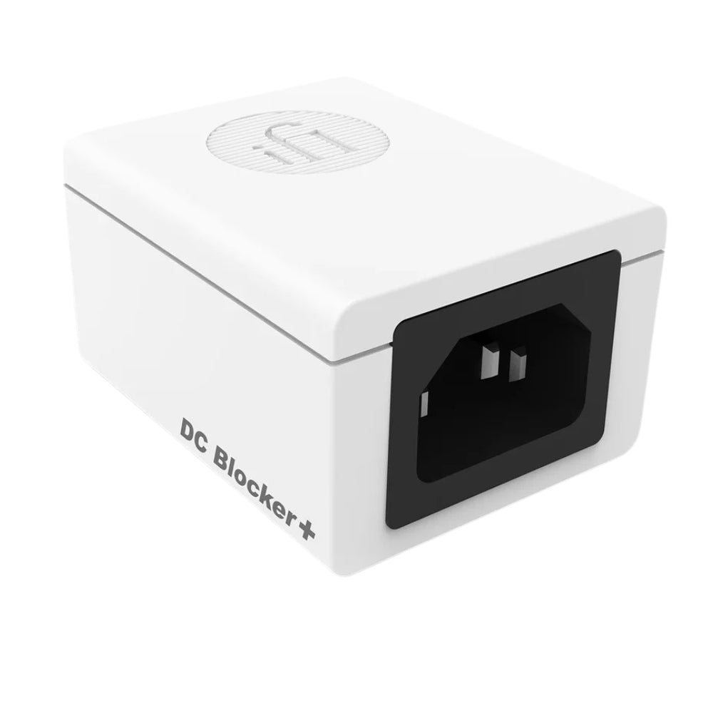 SilentPower DC Blocker+ noise filter with sleek design, featuring input/output ports for optimal sound quality.