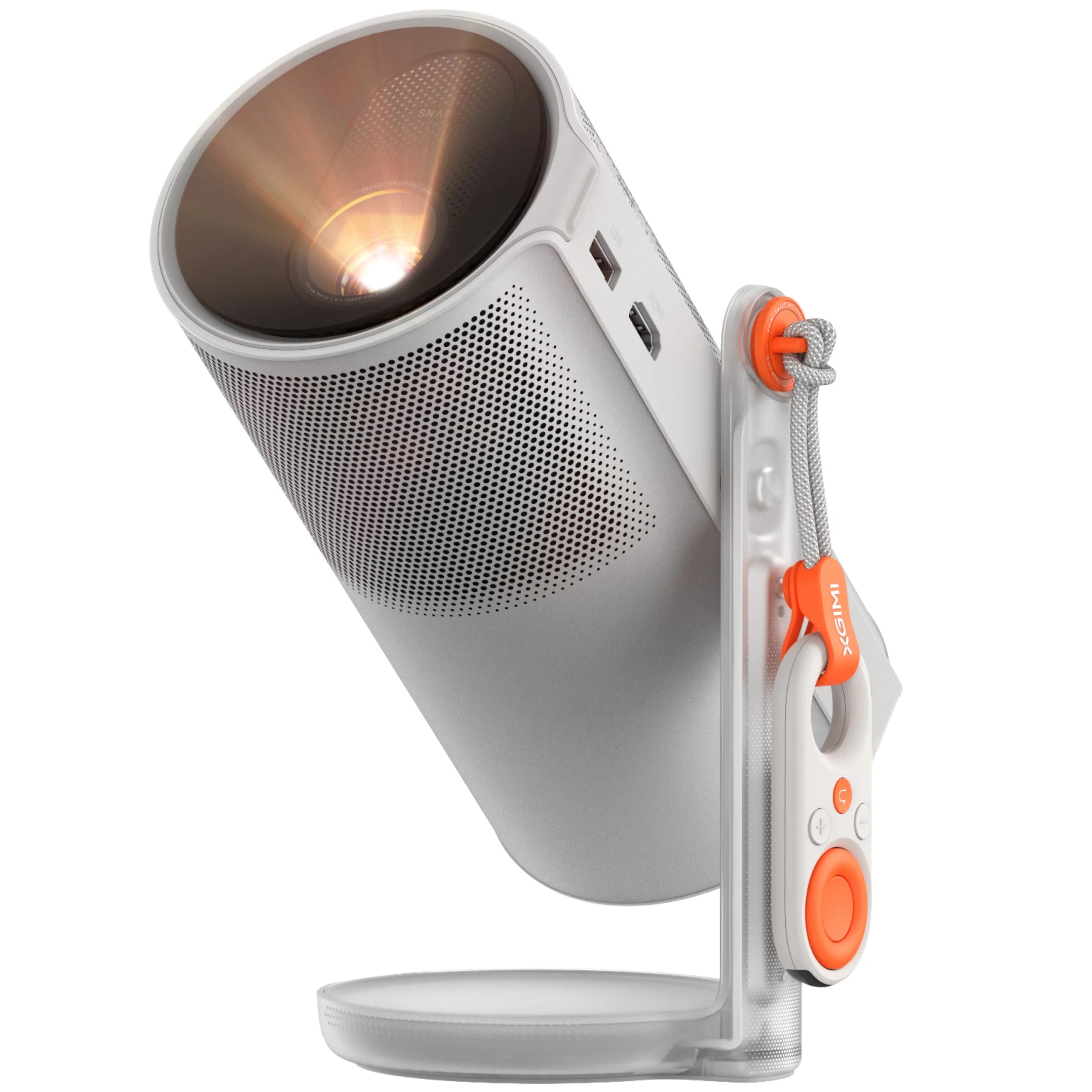 Xgimi Mogo 4 portable projector displaying a colorful image on a wall with a sleek black design.