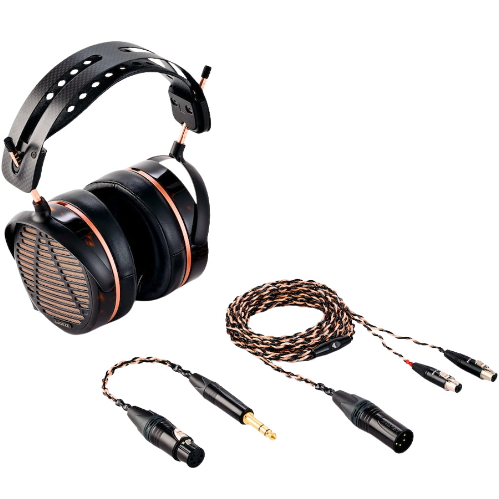 Audeze LCD-5 wired headphones with open-back design, featuring sleek black ear cups and headband, placed on a neutral background.