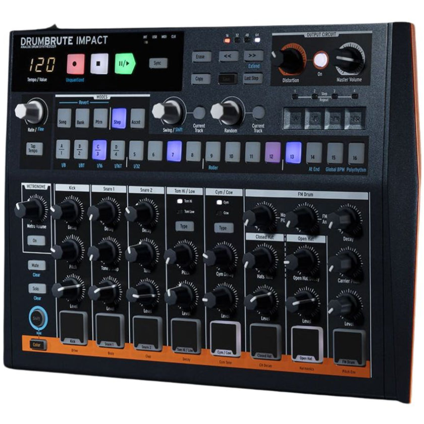 Arturia DrumBrute Impact drum machine with colorful pads and control knobs, designed for electronic music production.