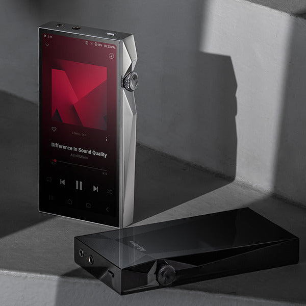 Astell&Kern A&ultima SP4000 portable music player with large screen and sleek black design, showing controls on the front.