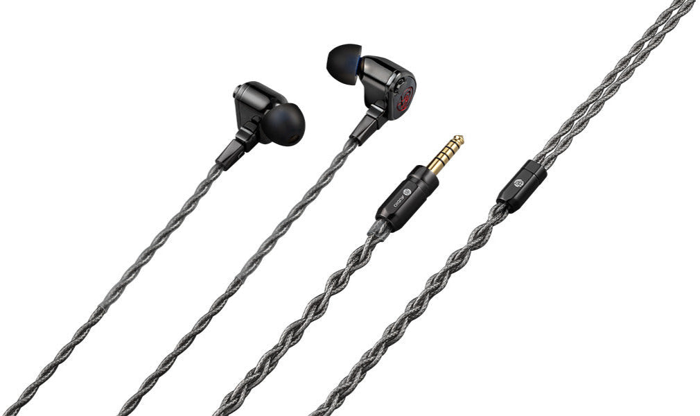 Astell&Kern XIO wired in-ear headphones with black ear tips and sleek cable, designed for high-quality audio listening.