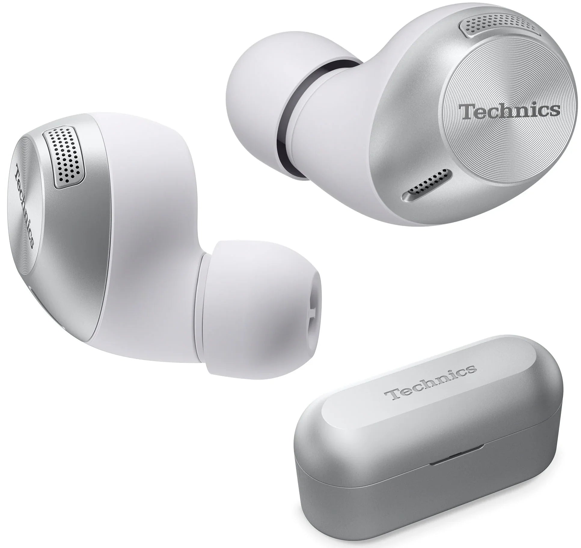 Technics EAH-AZ40M2 wireless in-ear headphones with sleek black earbuds and compact charging case on a white background.