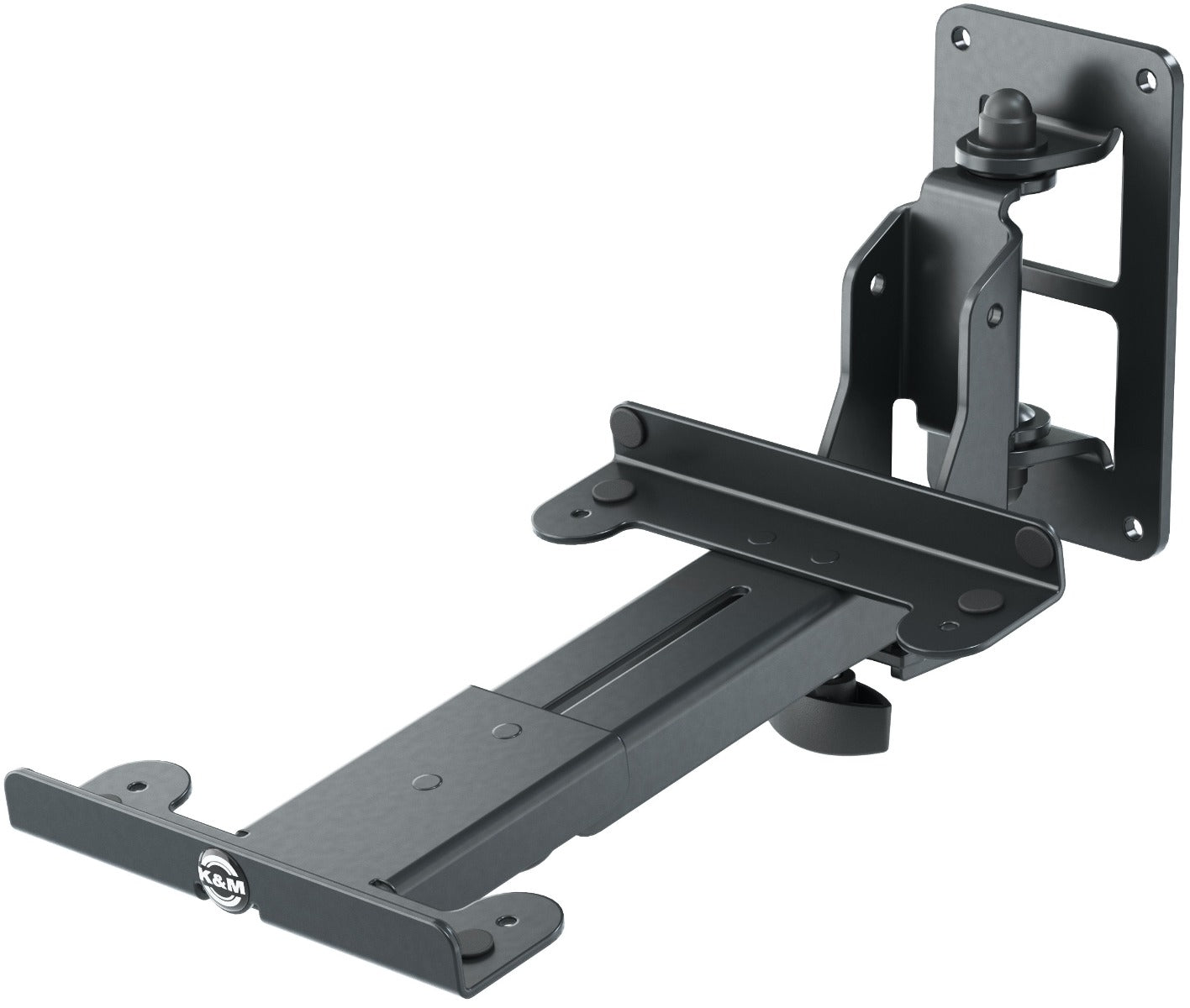 K&M 24166 speaker wall mount for studio monitor stands, black metal bracket with adjustable arms and mounting hardware.