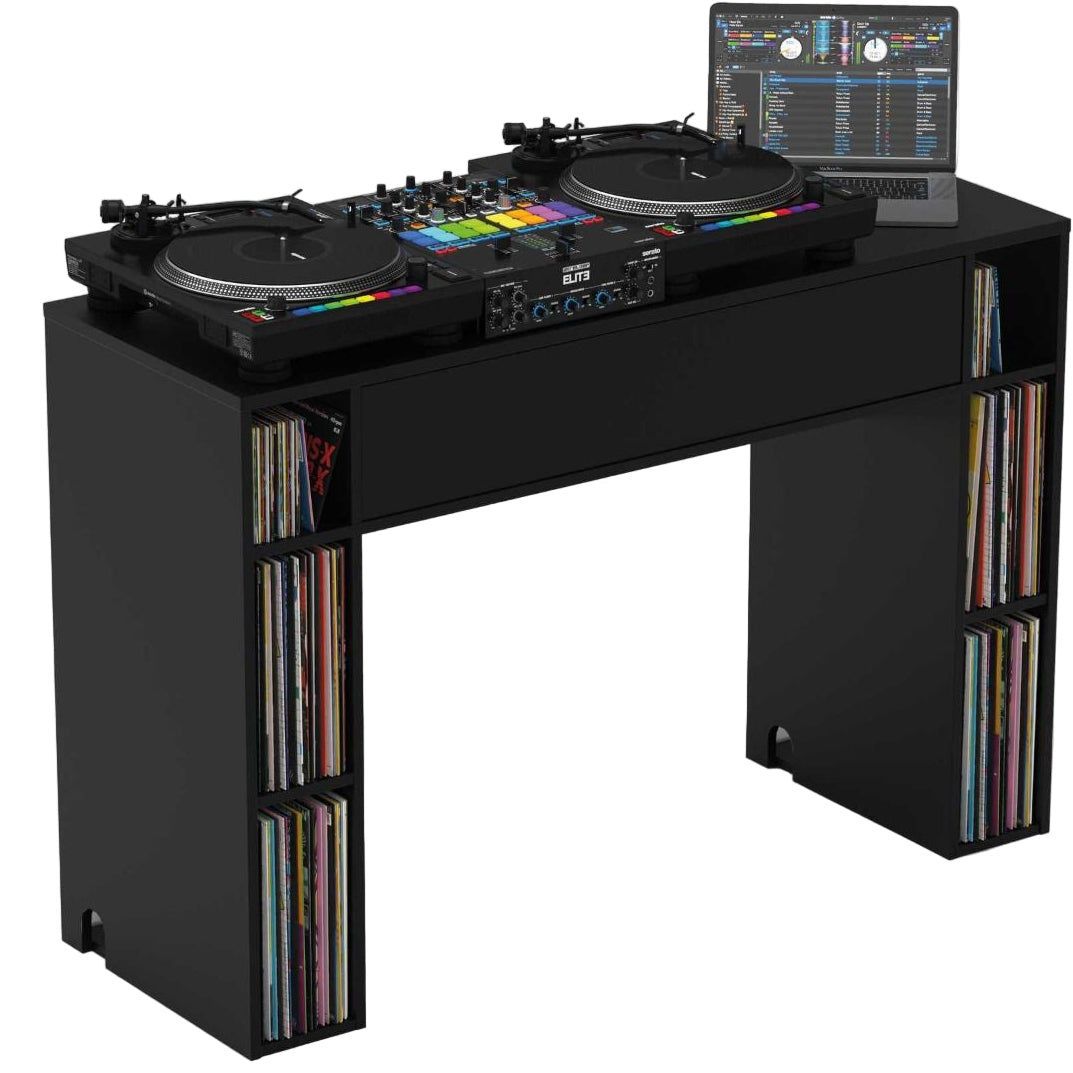 Glorious Modular Mix Station DJ table with sleek black surface and sturdy metal frame, designed for professional music production.