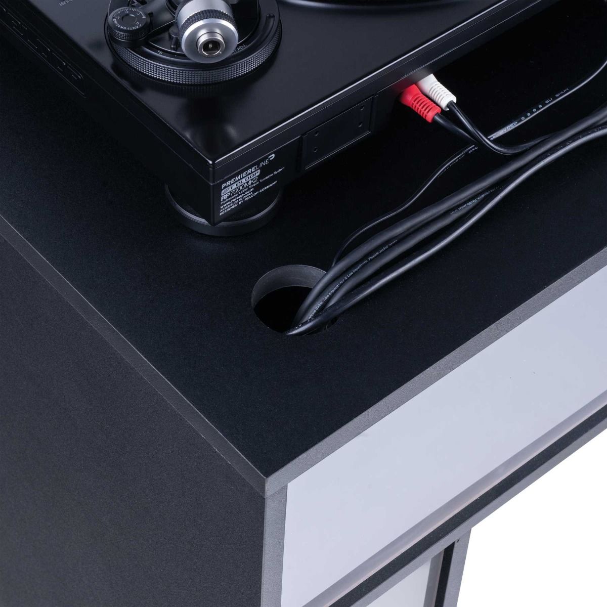 Glorious Modular Mix Station DJ table with adjustable shelves and sturdy construction for professional music mixing setup.