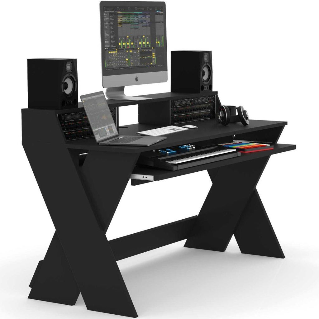 Glorious Sound Desk Pro studio furniture with sleek black finish and spacious surface for music production setup.